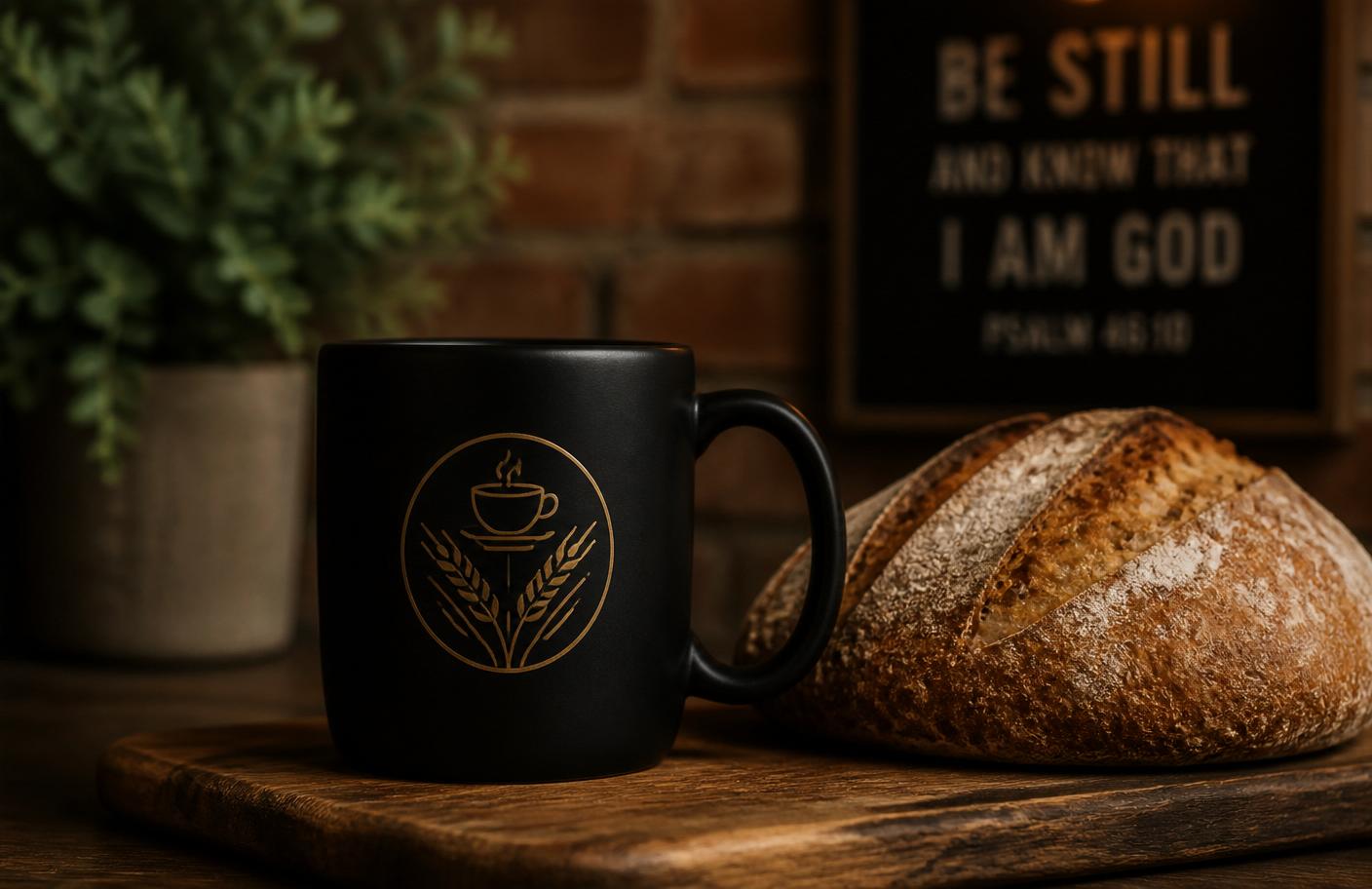 six:eleven branded mug with fresh sourdough