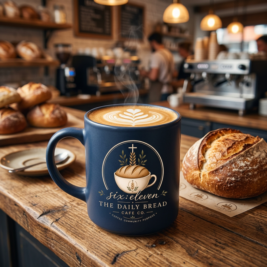 six:eleven branded mug with fresh sourdough