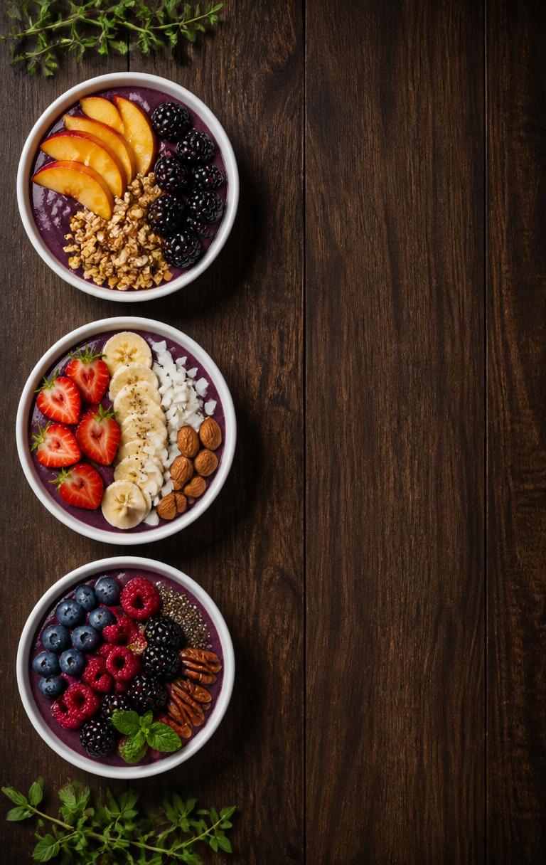 A-frame acai bowl menu with three bowls on dark walnut